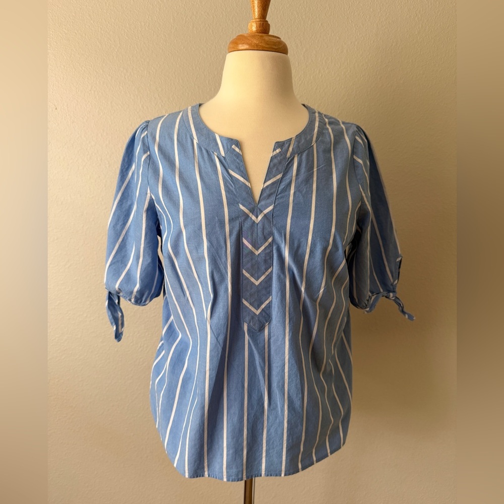 Talbots Blue & White Striped Tie-Sleeve Top | Size Large Petite